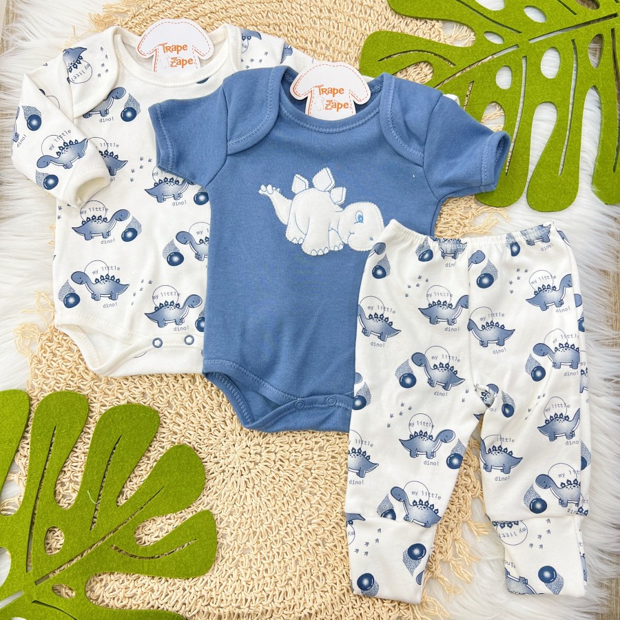 CONJ. DE MALHA 3 PEÇAS - Baby Dino - Azul Jeans e Off White